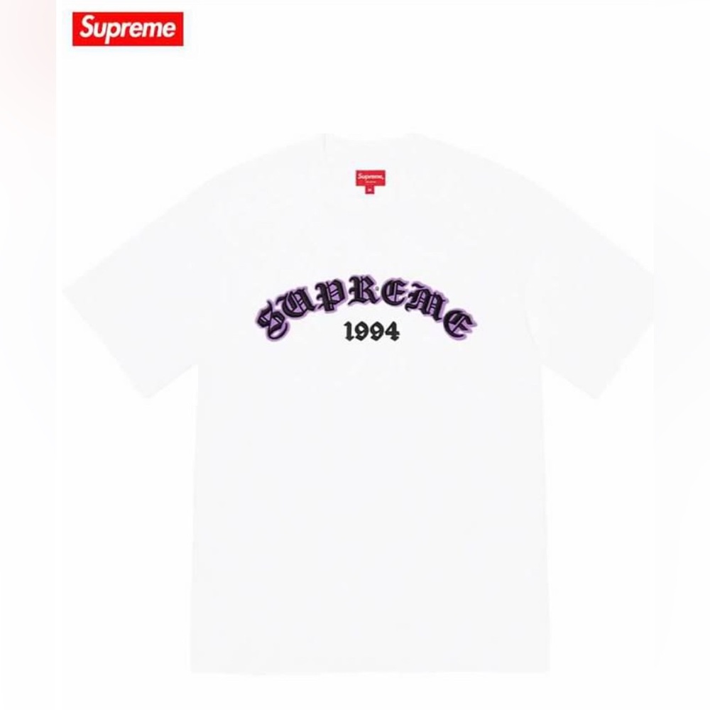 NWT Supreme Old English Glow White T-Shirt with Purple Graphic Large